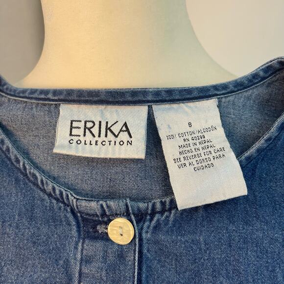 Erika Collection Button Front Jean Shirt 8 Blue/White/Green Embroidered Floral - Picture 7 of 7